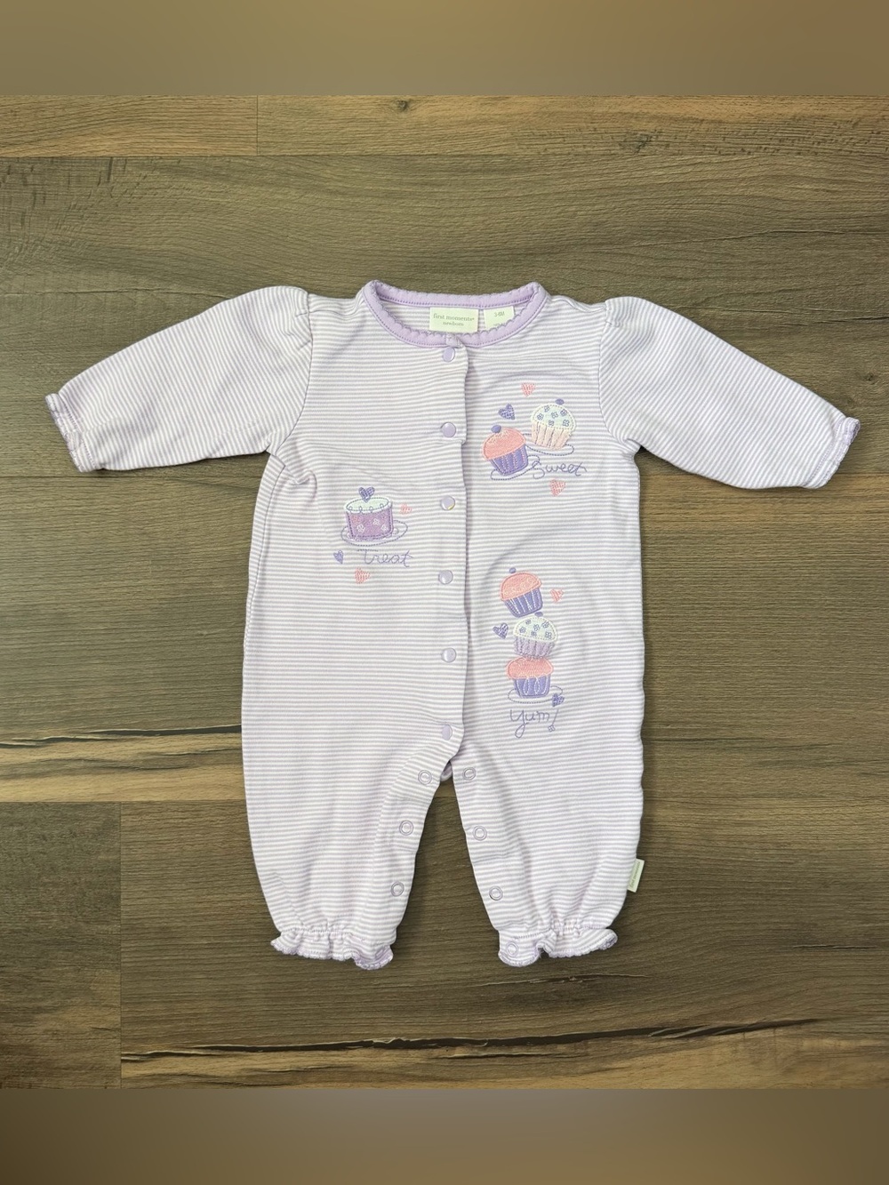 Y2K FIrst Moments Purple Striped Embroidered Cupcake Romper Size 3-6 Months